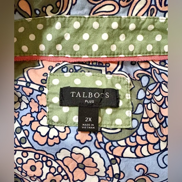 Pretty Talbots 2X Green, Blue, Peach & Paisley Print Blouse, Like New - Picture 2 of 4